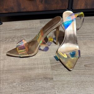 Clear Iridescent Strap Gold Stiletto Heels - Women